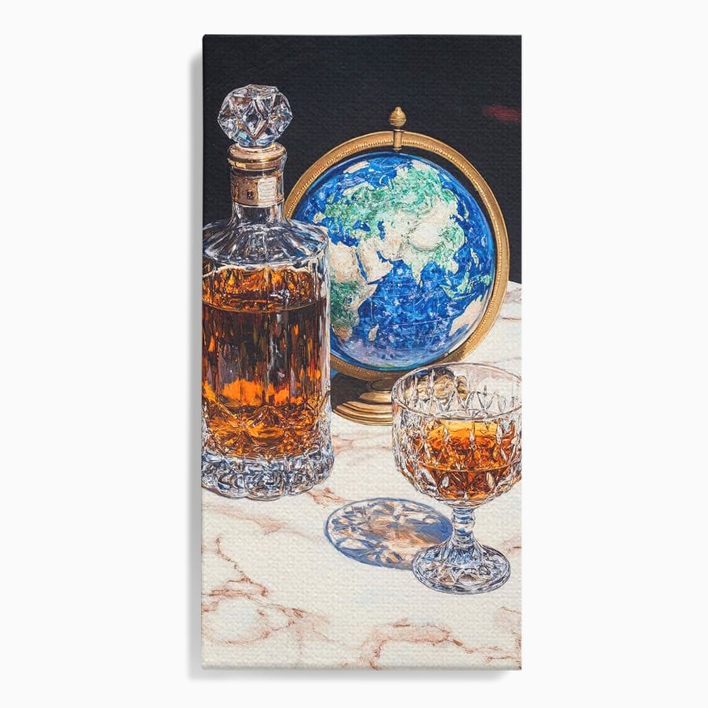 Tablou canvas cu tablou canvas cu sticla de whisky si glob pamantesc, fara rama, pe sasiu de lemn